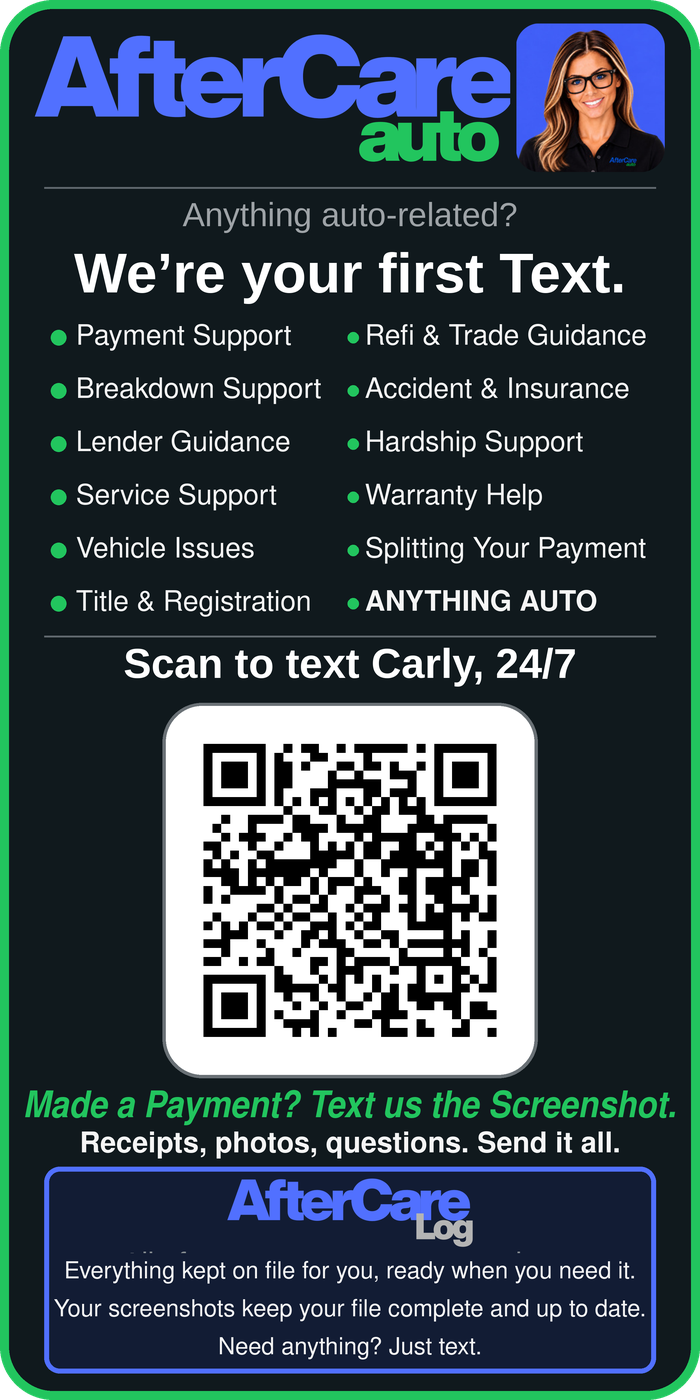 The AfterCare Auto window cling: scan the QR code to text Carly, 24/7
